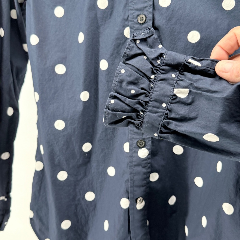 J. Crew Navy/White Polka Dot Ruffle Collar Classic Fit Button Down Shirt Size 2 - Picture 3 of 10